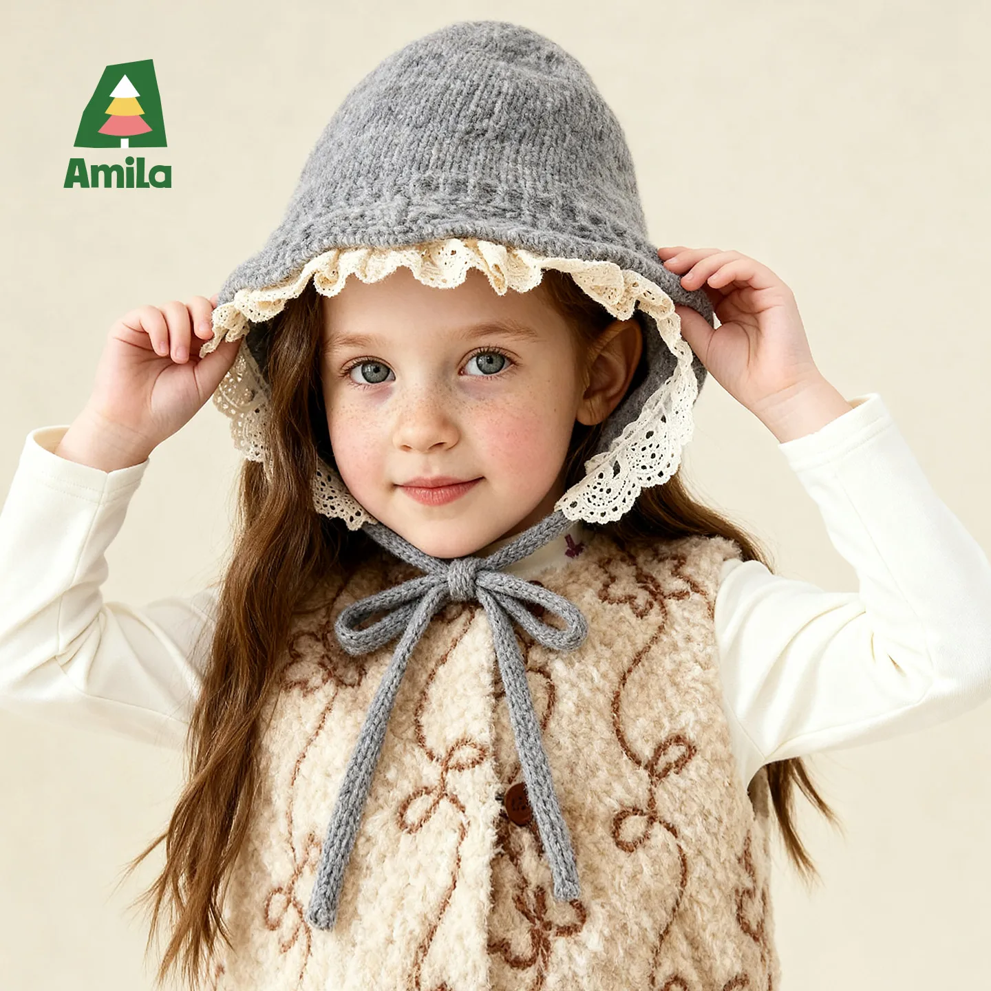 Amila キッズ 冬用ニットレースハット 女の子用、長持ちする暖かさ、防風性、調節可能な伸縮性、絶妙な甘さ