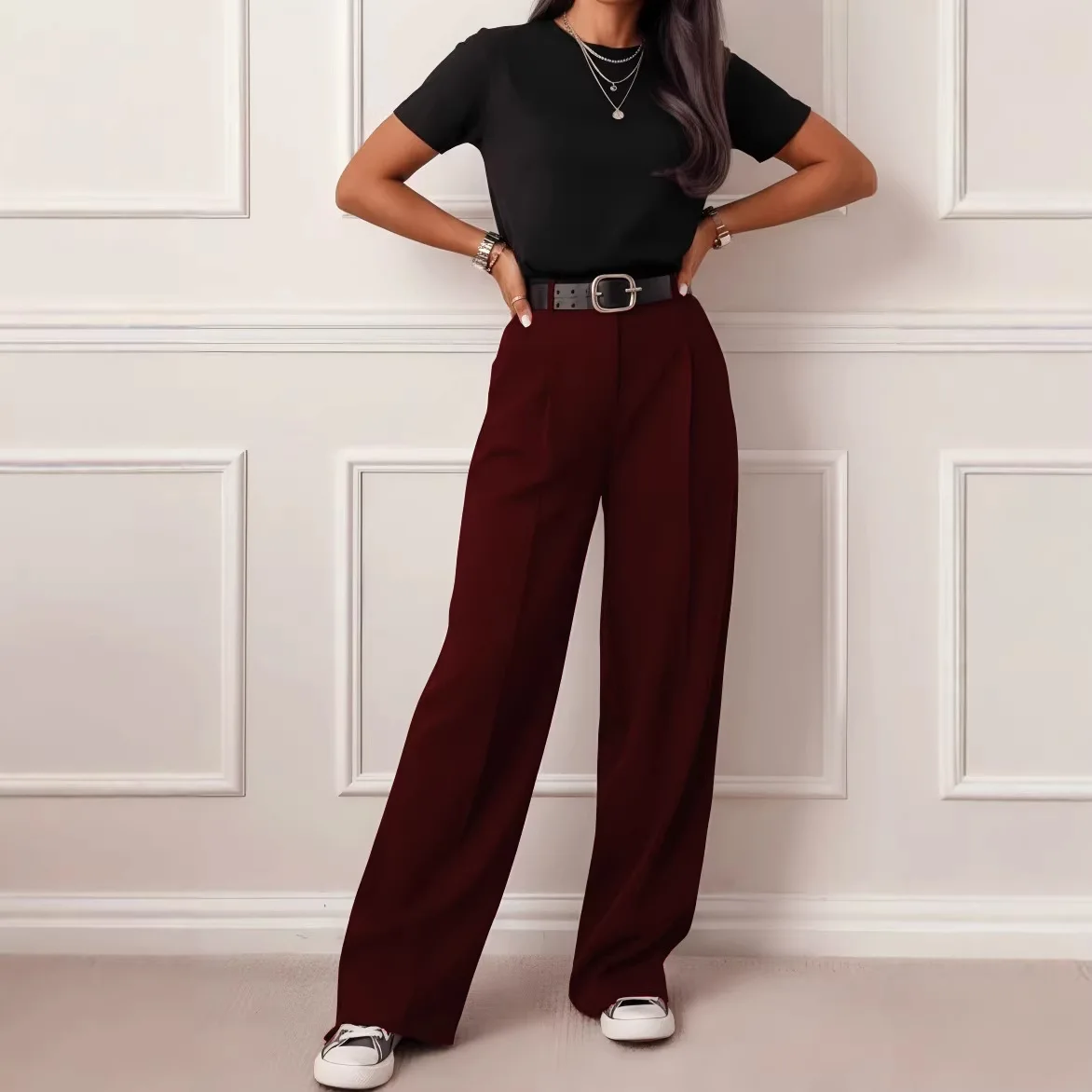 

Новые женские брюки 2026 года: весенние, в европейском и американском стиле, повседневные, класса люкс, широкие, свободные, однотонные, с карманами и поясом-кольцом