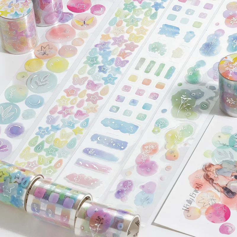 

1 Roll Masking Tape 2m Color Gradient Bubble Star Die-Cut Tape Scrapbook DIY Journal Planner Decoration For Phone Case Notebook