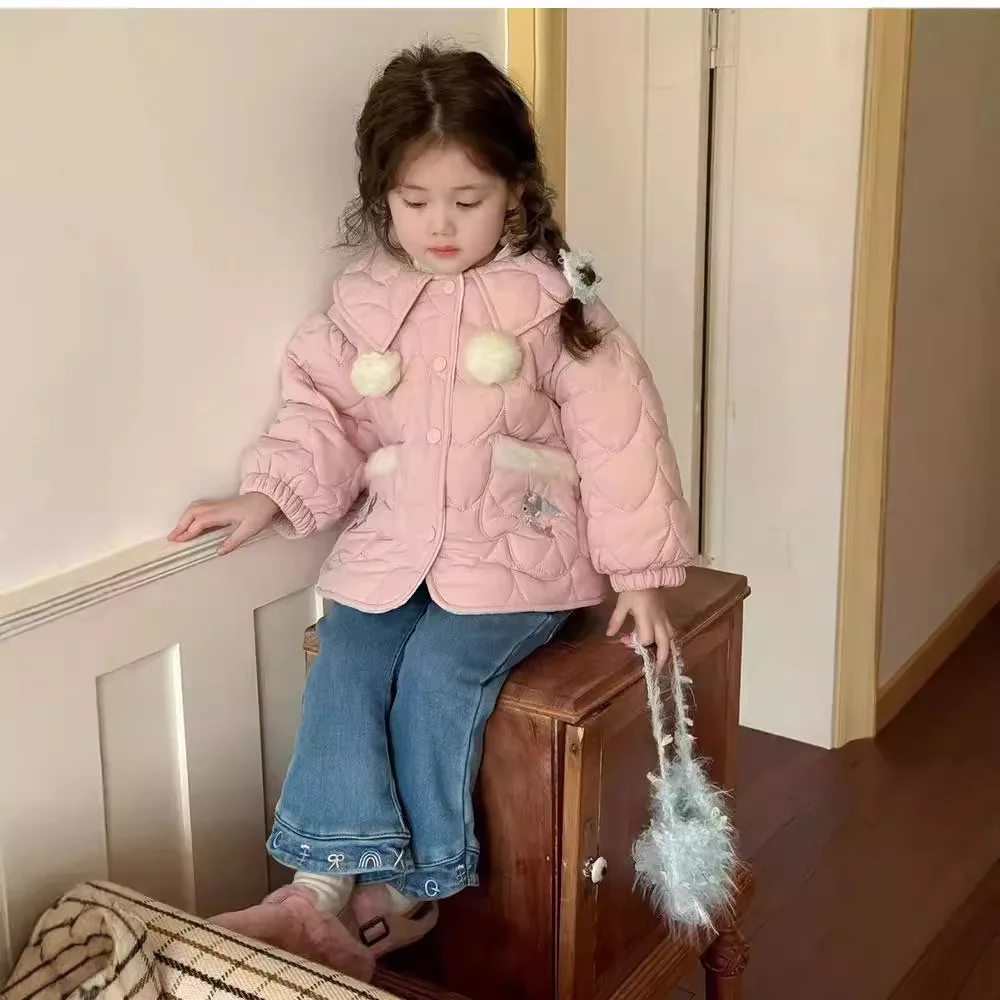 Girls Coat 2024 Winter New Childrens Wear Korean Style Baby Girl Pink Collar Fur Ball Embroidery Cotton-padded Coat Casual