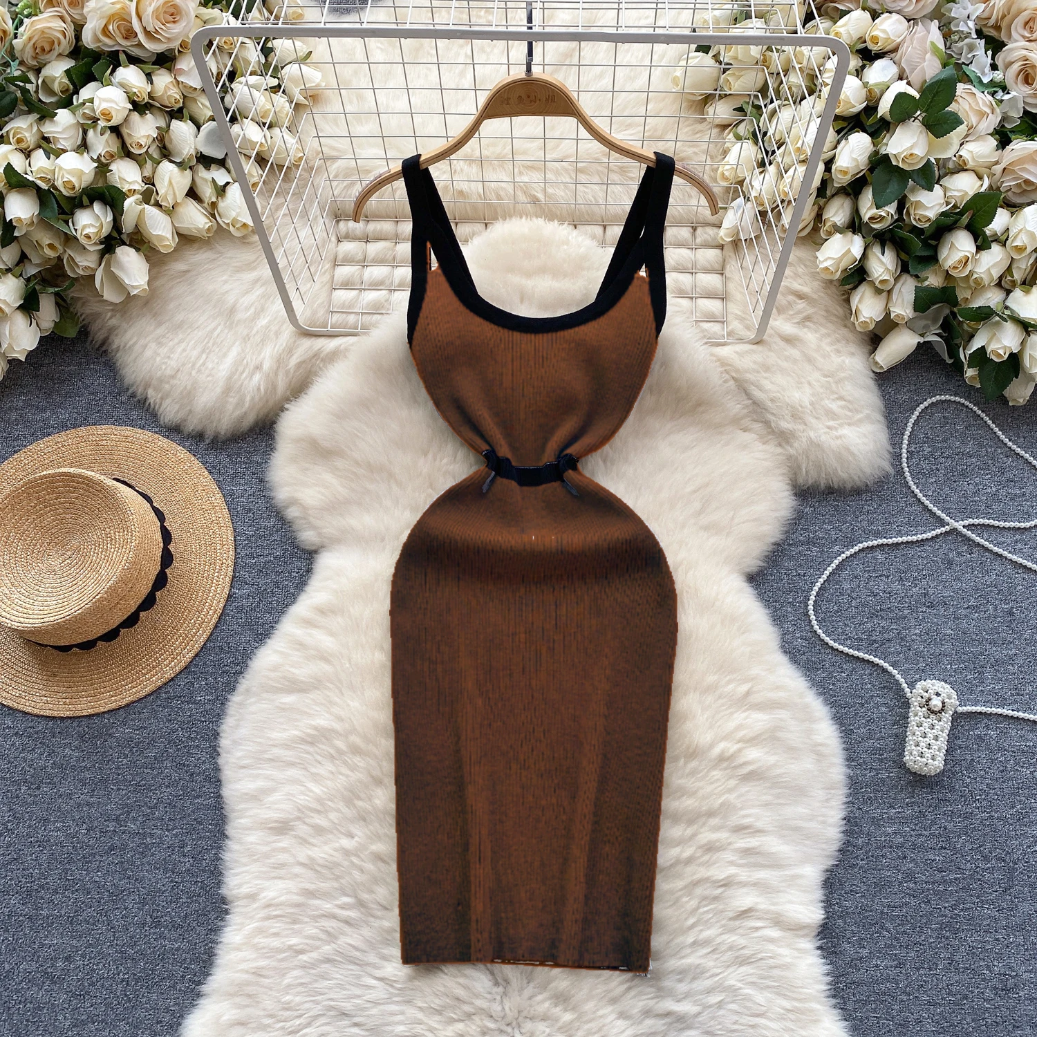 Elastic Fashion Trend Casual Knitting Wrap Dress Sleeveless Off Shoulder Contrast Hollow Out Summer Women Stripe Sexy Slim Dress