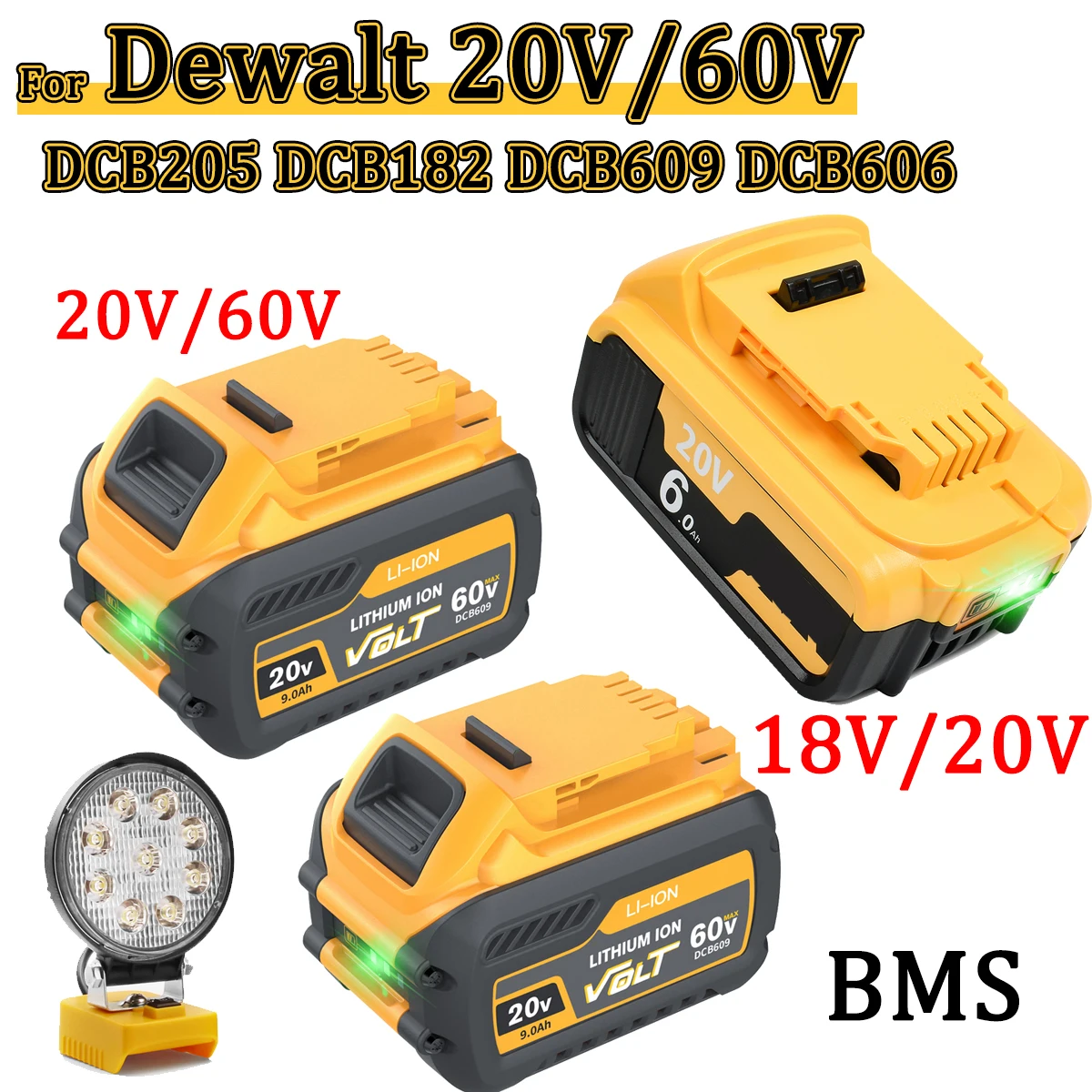 DCB205 DCB606 For Dewalt 20V/60V 20V MAX Replacement Li-ion Battery DCB609 DCB204 DCB206 DCB209 DCB182 Work LED Lights