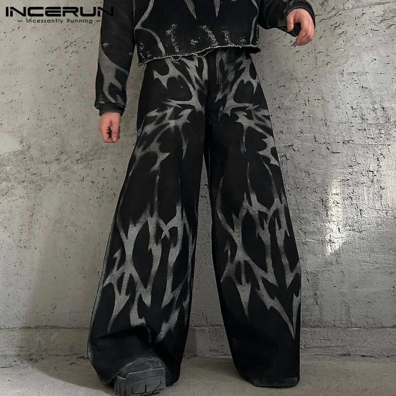 2024 Casual Printing Wide Leg Trousers INCERUN Men Street Fashion Loose Long Pants Gradient Pattern Handsome Button Male Bottoms