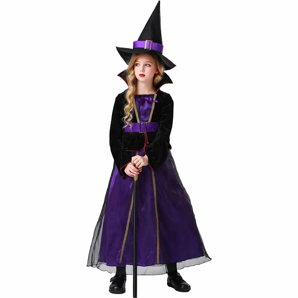 

Halloween Witch Costume Girls Purple Gauze Dress & Cloak & Pointed Cap Belt Set Dress Hat Set Kids Witch Cosplay Show Uniform