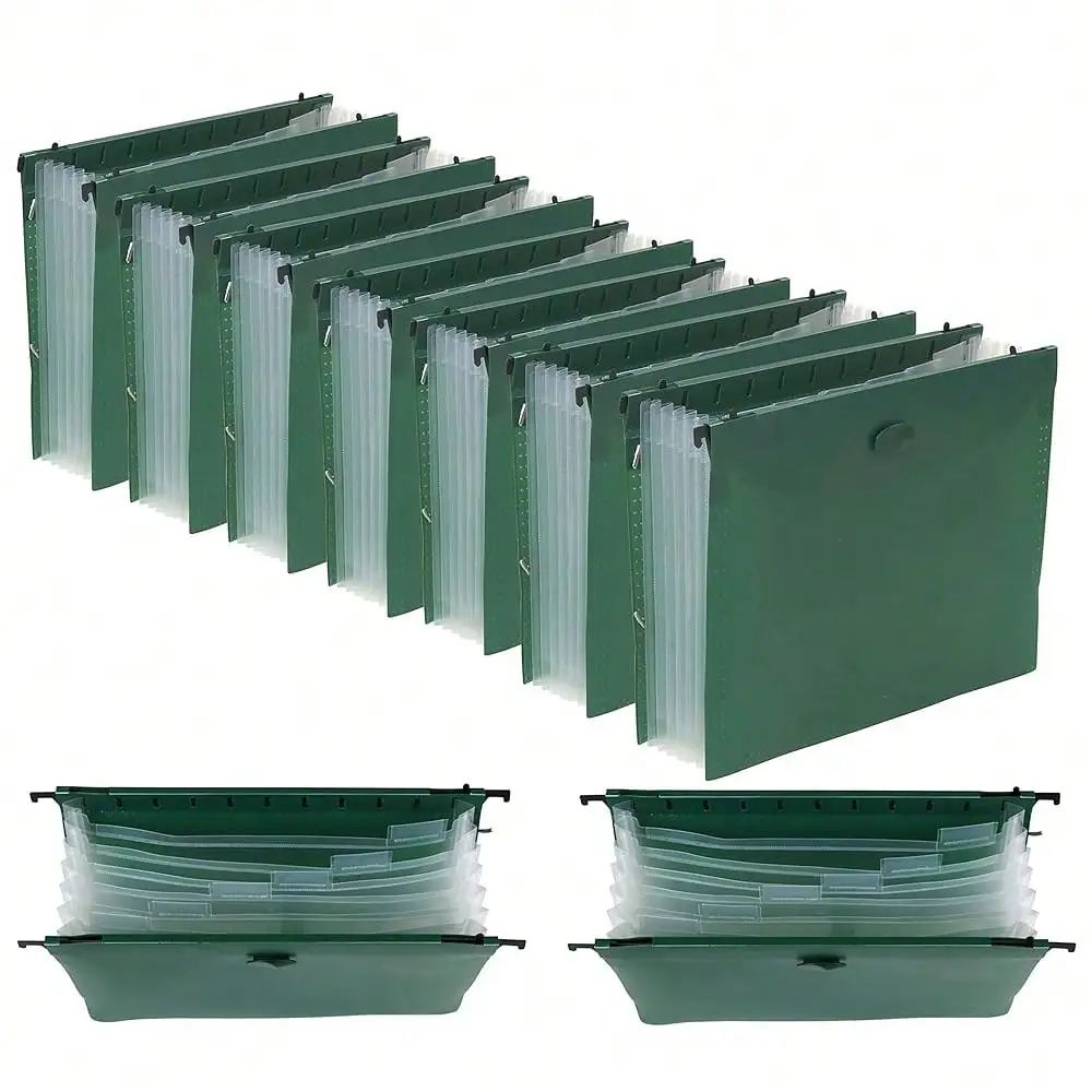 

12-Pack Expanding Hanging File Folder With 7 Divider Pocket, Green