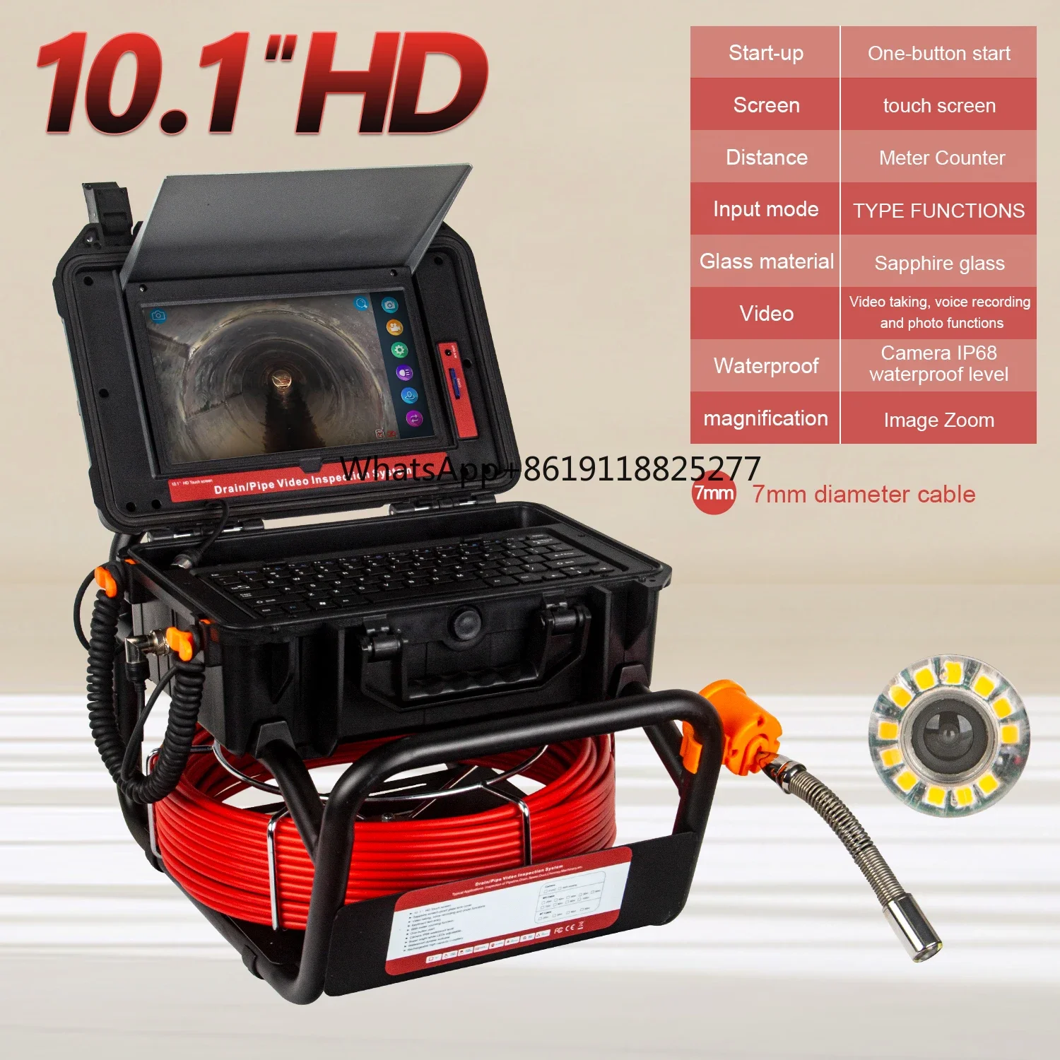 

50M Cable 10.1Inch HD Touch Screen 512HZ Transmitter Sewer 16GB Card Video Audio Recording Pipe Inspection