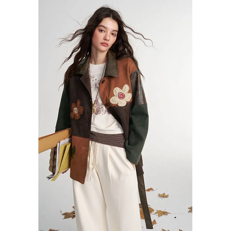 ELFSACK Women's Vintage Patchwork Jacket with Floral Embroidery, Retro Contrast Long Sleeve Coat, Casual Chic Outerwear for Dail