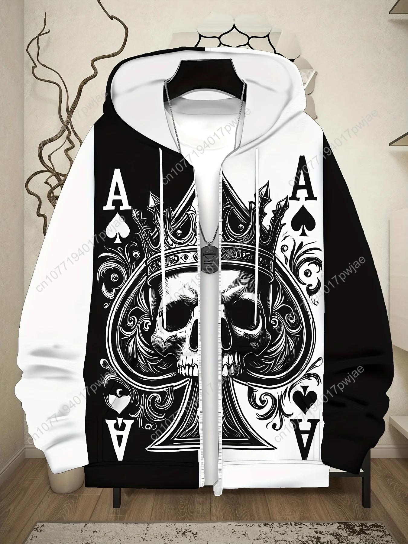 [Готическая толстовка] Высококачественная толстовка унисекс с готическим принтом черепа и пика |   Куртка на молнии с длинным рукавом и капюшоном на шнурке, F