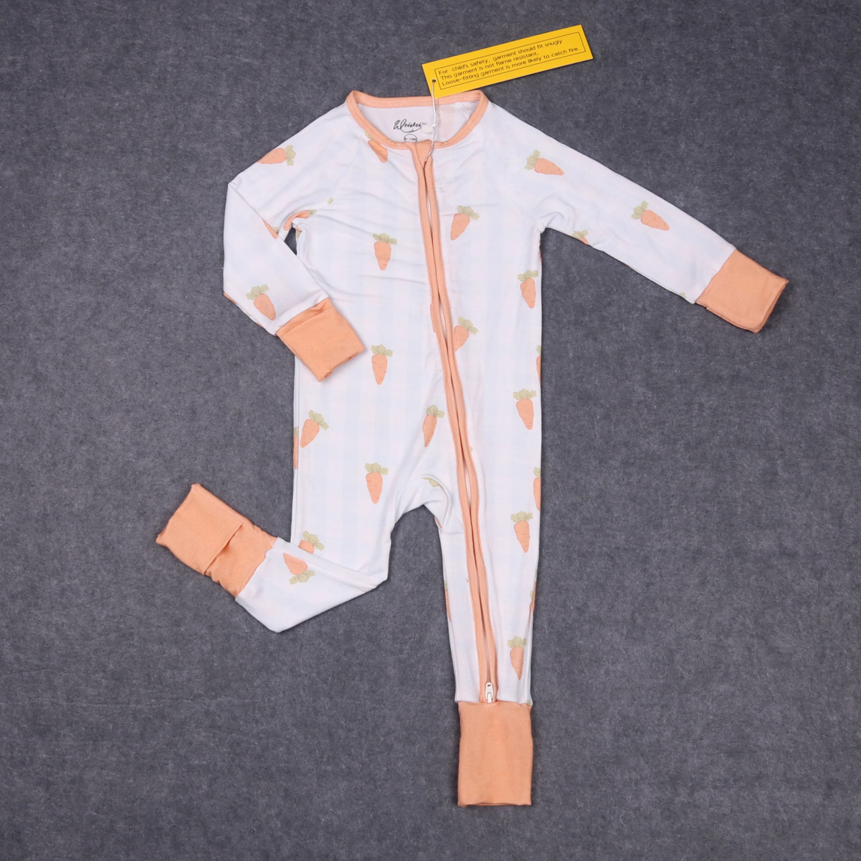 

Детский бамбуковый комплект на молнии с длинными рукавами для девочек Ykk, круглый вырез, морковный узор, оранжевый верх, одежда и брюки, костюм, одинаковый комбинезон, пижама