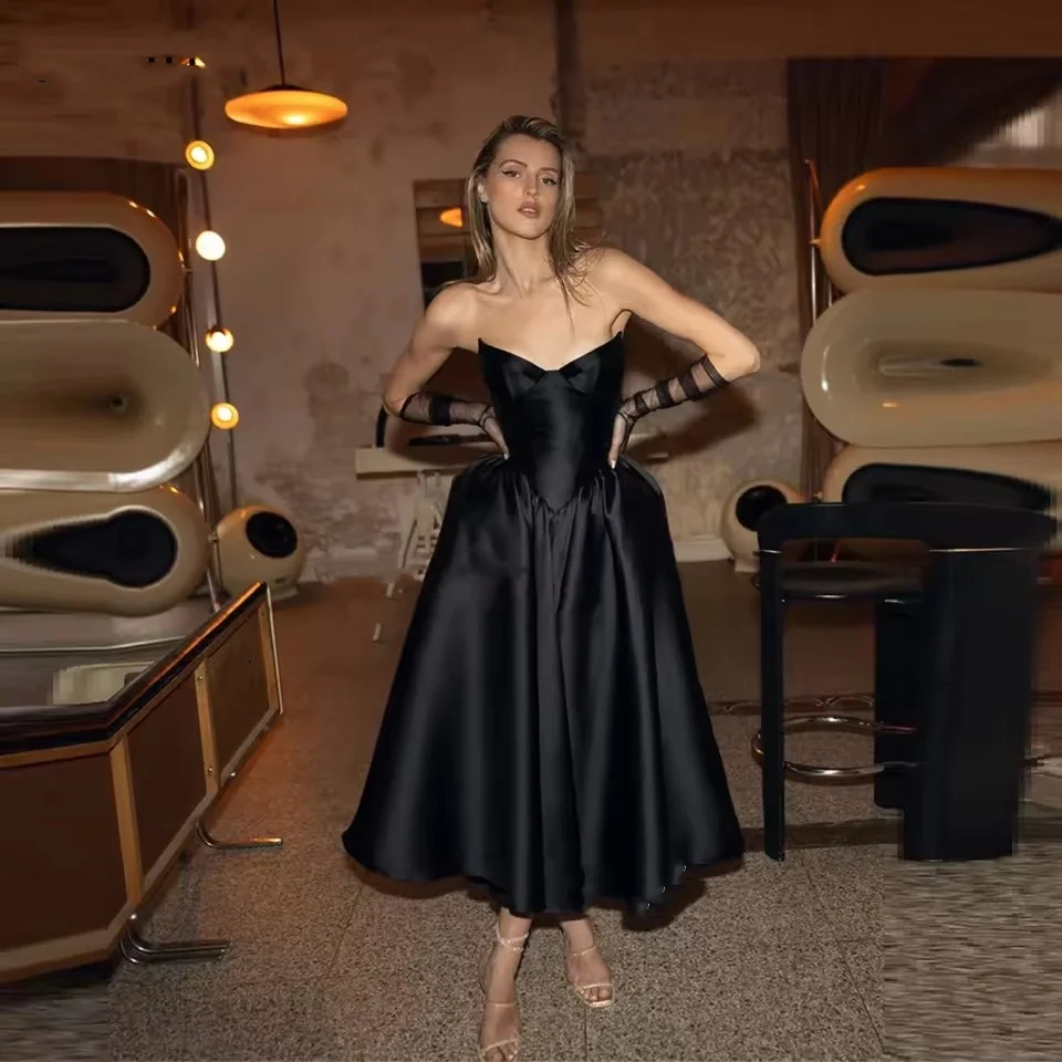 

Lady Little Black Prom Dresses Satin Simple Evening Dresses A-Line Gowns Formal Tea Length Corset Party Met Gala Customized