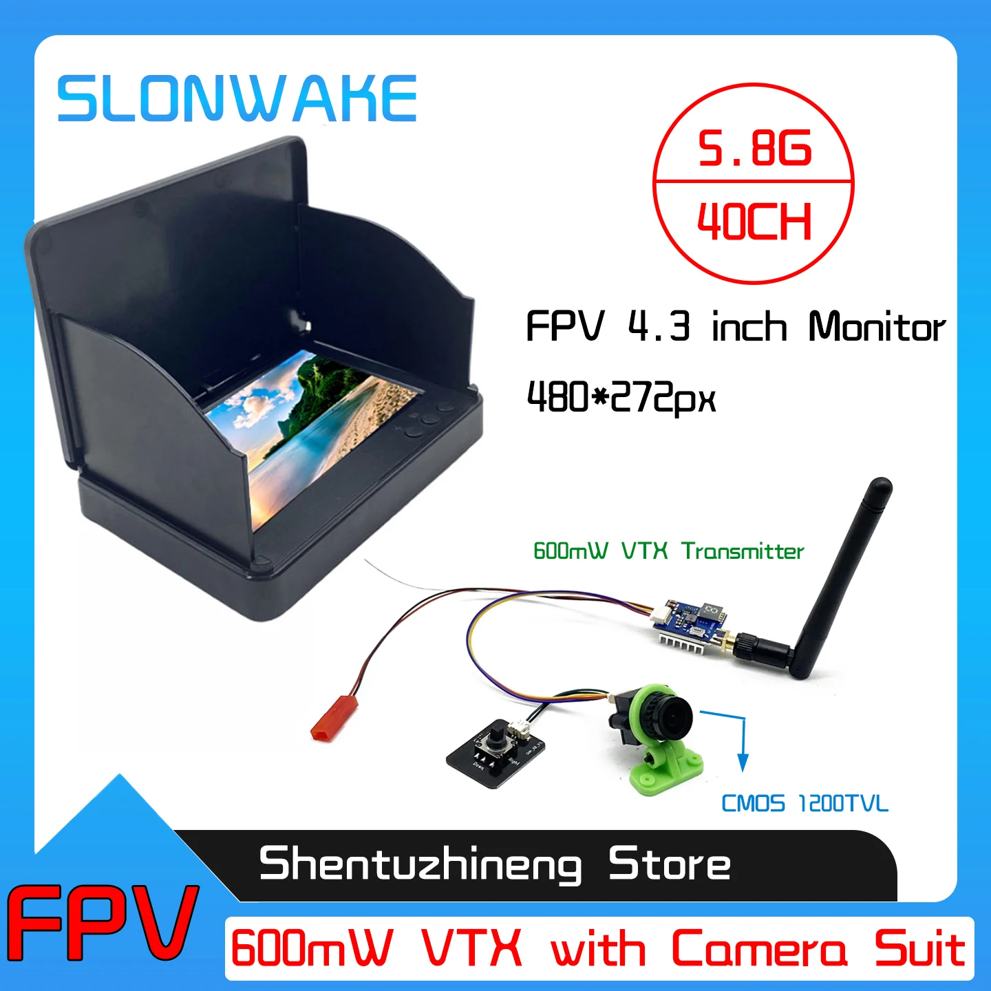 5.8G 40CH Video VTX Pit/600mW Transmitter TS5823 Pro and CMOS 1200TVL Camera with 4.3 Inch LCD FPV Monitor 480*272px Screen