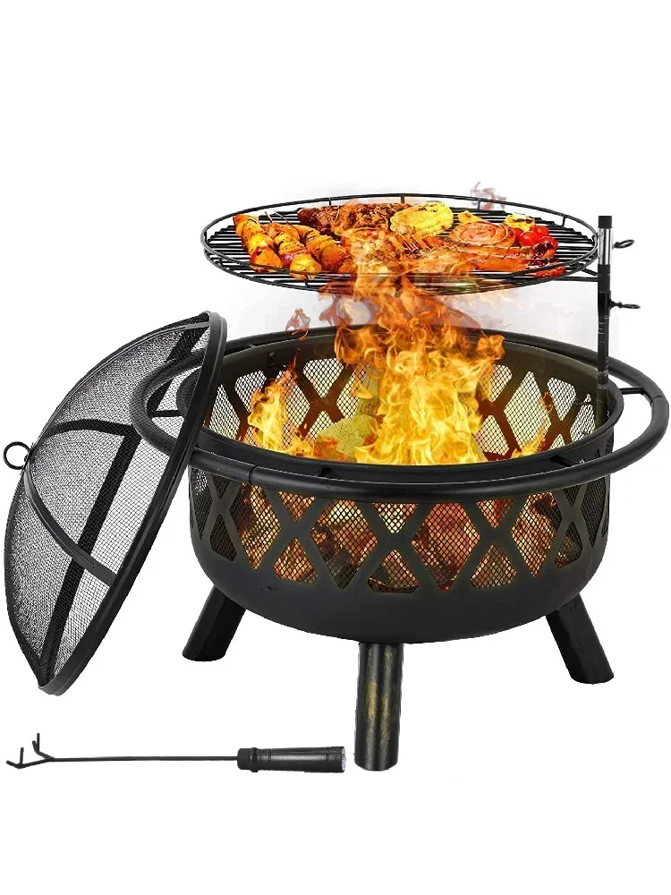 Bol de foyer multifonctionnel avec protection contre les étincelles et grille de gril, foyer de jardin réglable en hauteur pour chauffer le barbecue en plein air