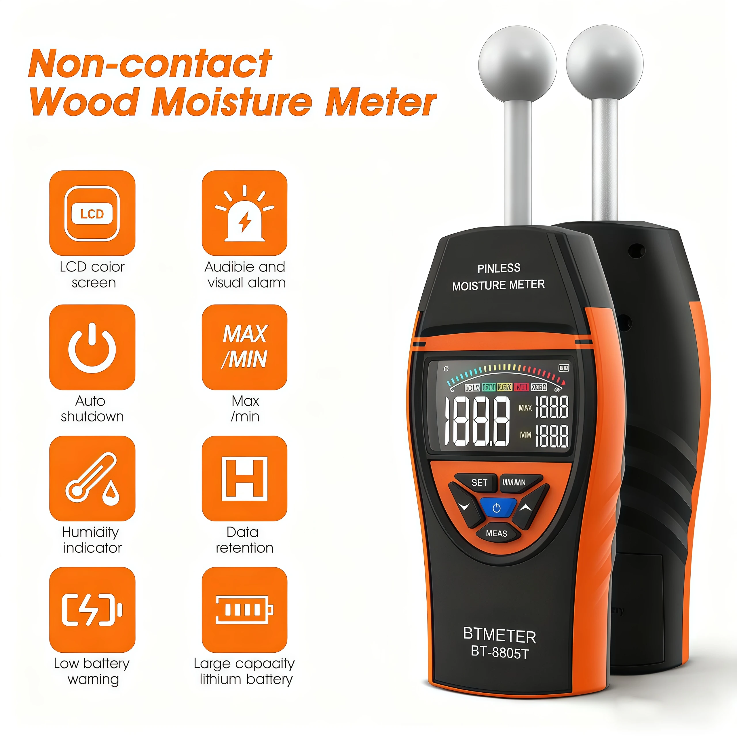 

Pinless Moisture Meter for Walls and Floors, Non-Invasive Ball Sensor, LCD Display, Adjustable Alarm, Basement Moisture Detector