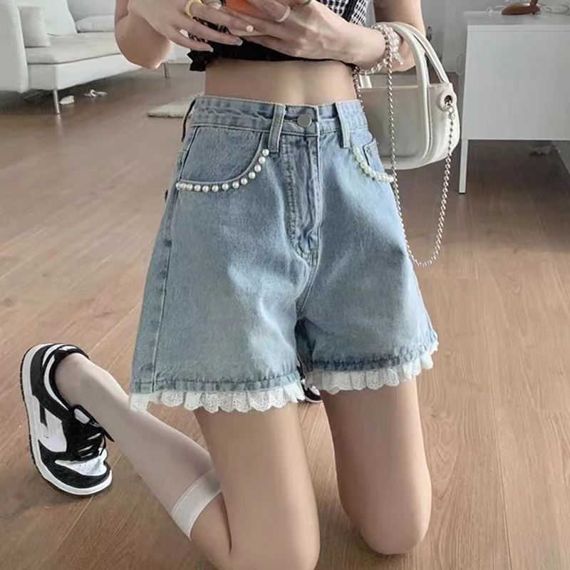 Denim Shorts Women XS-5XL Lace Sexy Beading Aesthetic Kawaii Summer Casual Baggy Girl Streetwear Vintage High Waisted Daily Ins