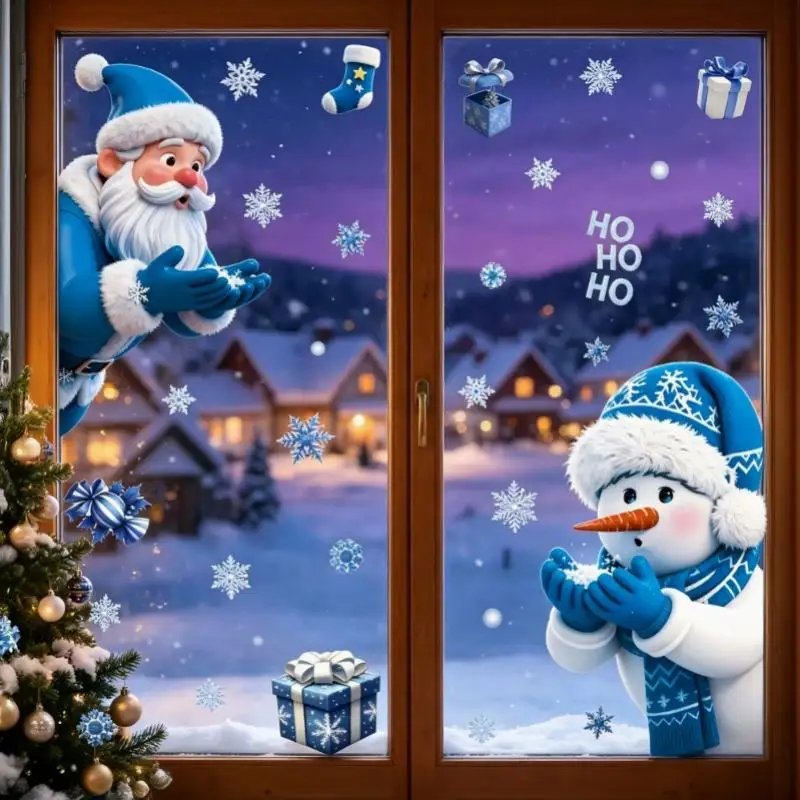 Cartoon Santa Snowman Snowflake Christmas Sticker 1/2 Sheets Self Adhesive For Wall Window New Year Home Decoration
