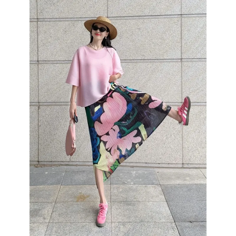 

Женская плиссированная юбка-миди с цветочным принтом, красочная абстрактная юбка с высокой талией и разрезом по бокам, повседневная модная длинная юбка