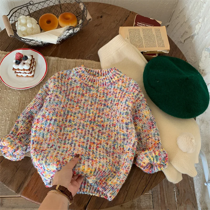 Winter New Baby Long Sleeve Knitted Rainbow Sweater Toddler Girl Thicken Warm Knitwear Children Fashion Casual Pullover Tops