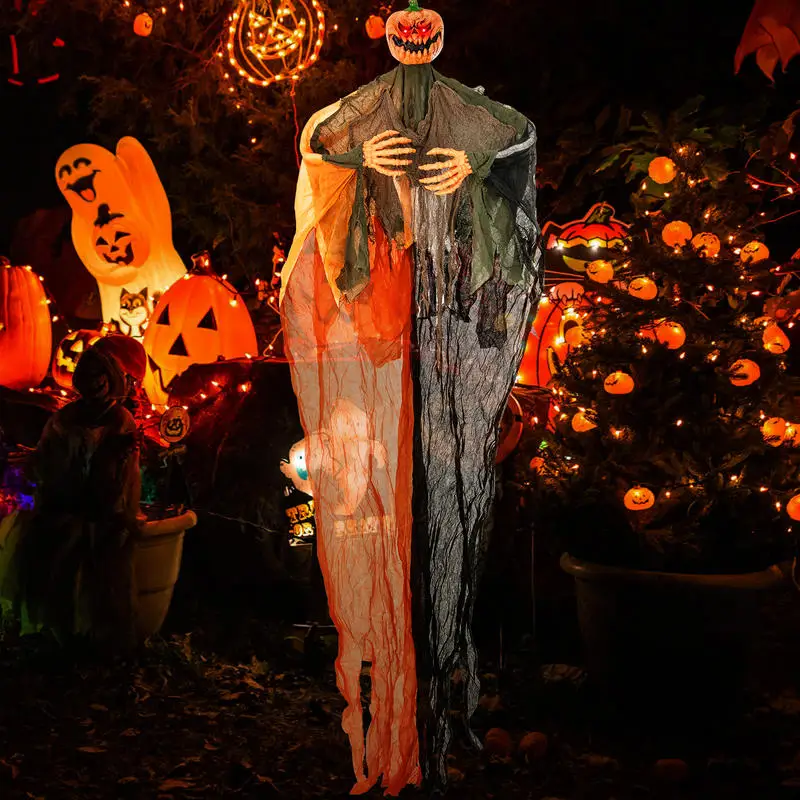 6 Feet Hanging Pumpkin Ghost with Red Glowing Eyes and Bendable Arms