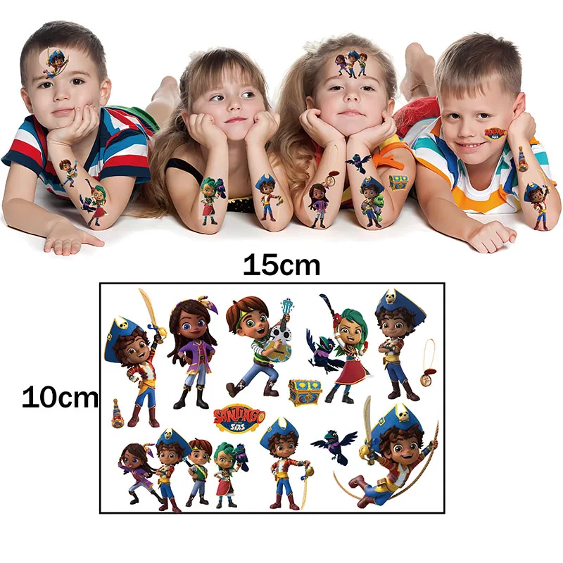 6Pcs/set Cartoon Santiago of The Seas Temporary Tattoo Sticker Body Art Tattoo Labels Cosplay Party Toys for Kids Birthday Gifts