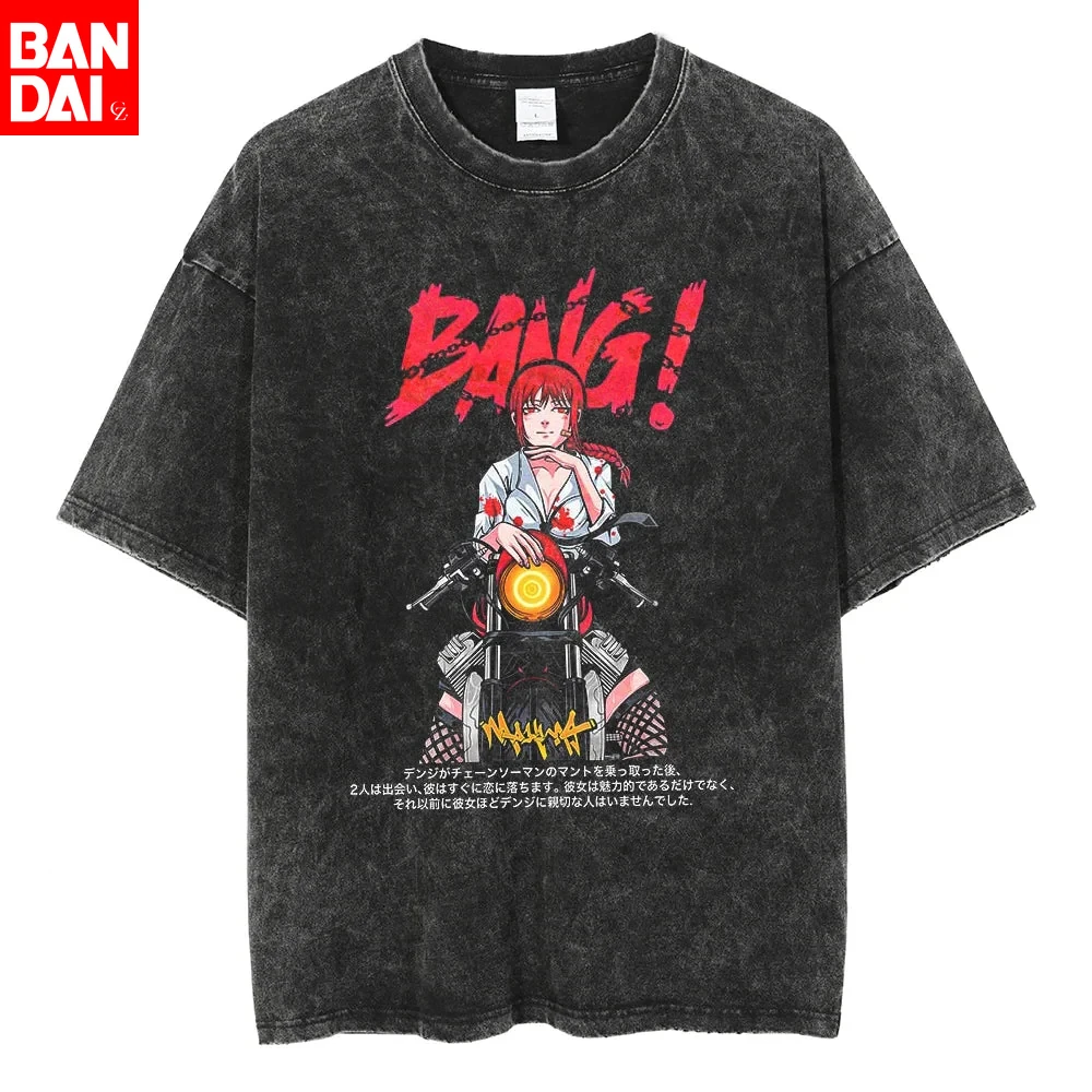 Chainsaw Man Makima "BANG!" Motorrad-Biker-Stil Vintage Wash Print T-Shirt Herren 2026 Sommer Schwarz Übergroßes T-Shirt Anime