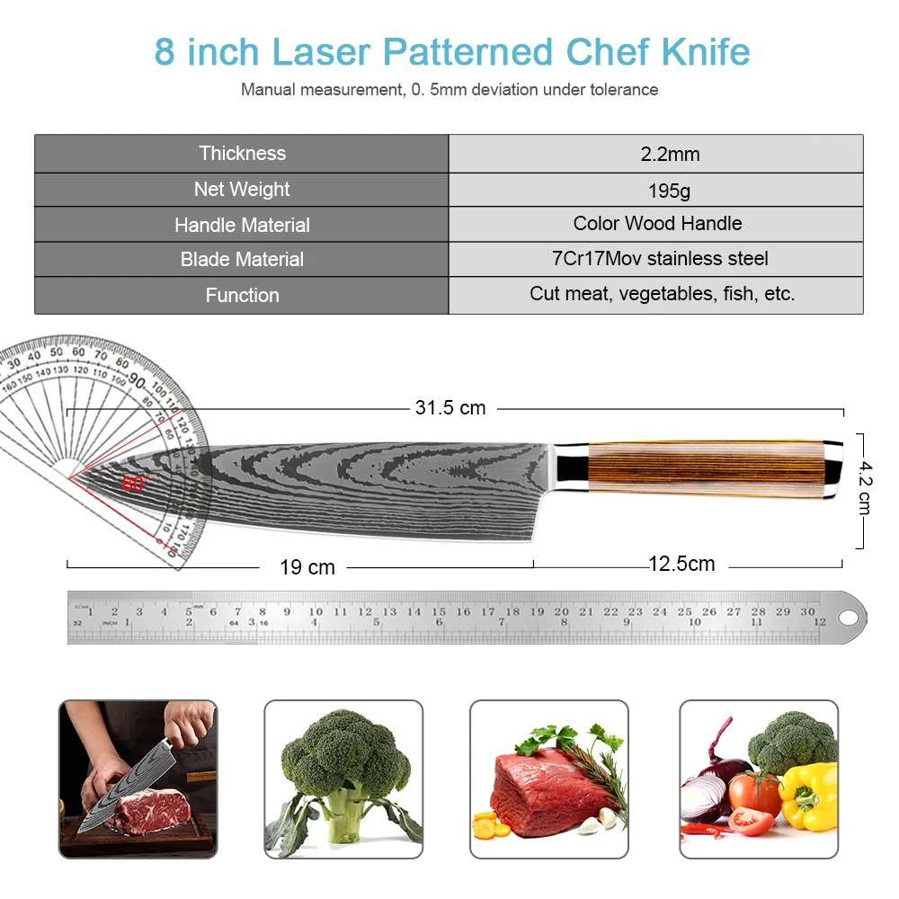 Chef Knife 8inch Damascus Laser Patter Carbon Stainless Steel Kitchen Knife&Cooking Knife for Cutting Meat Vegetables Fruit