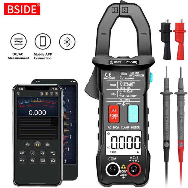 A95G  -5BQ Bluetooth Clamp Meter Multimeter Digital Current Meter Voltmeter Ammeter Auto Range Tester Black