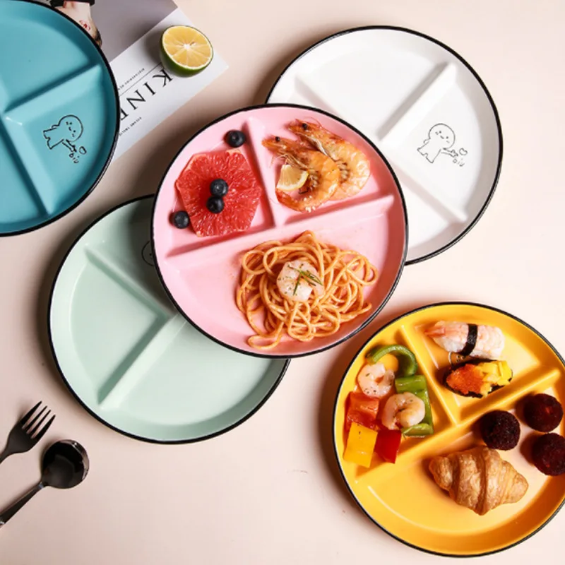 Children's Disc Divided Meal Ceramic Plate Student Plate Dividing Plate Fat Reducing Plate Three Compartment Plate Household