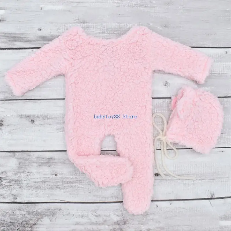 Y4UD Infant Photography Props Berber Fleece Beanie Hat Jumpsuit Photostudio Posing Wear Baby Romper Newborn Shower Gift 2PCS