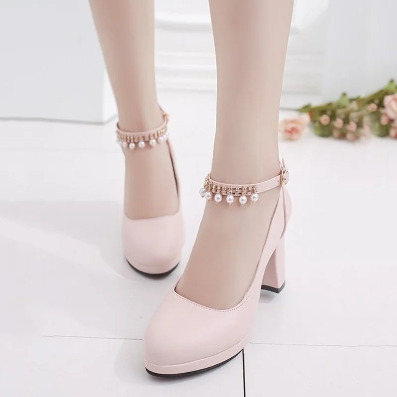 Women\'s Wedding Shoes String Bead Ankle Strap Elegant Middle High Heel Dress Platform Bridal Pearl Pumps 8cm 2022 Autumn Leather