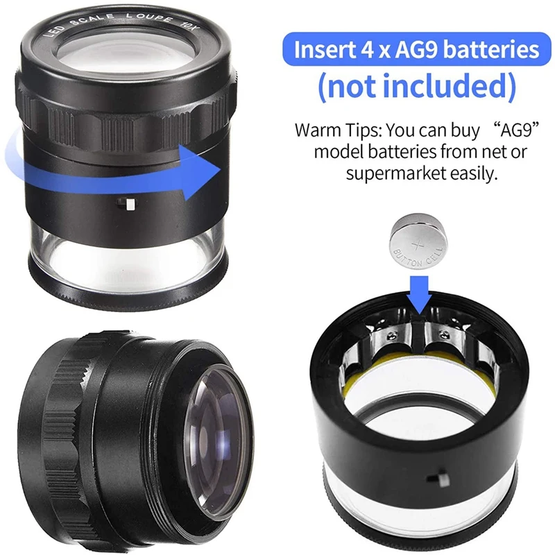 LED Scale Loupe 10X Illuminated Desktop Magnifier Metal Detachable Reticle Coated Optical Glass Lens Focus Adjustable A