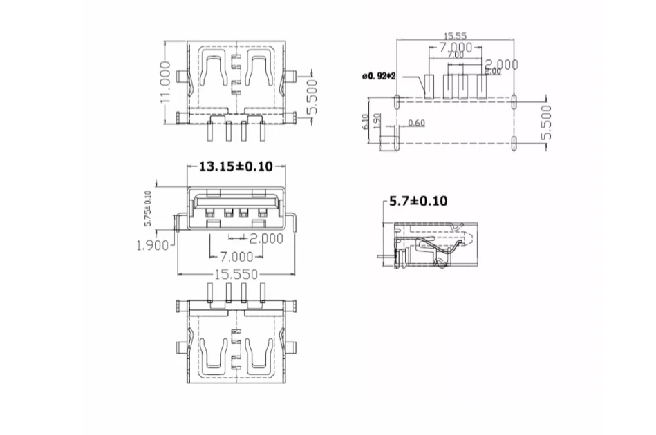 10PCS USB Connector Type A Female AF10.0 4pin Sinking Plate USB-A Female SMT Black