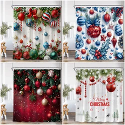 Chritsmas Shower Curtain Red Silvery Ball Xmas Balls Snowflake Pine Leaves Merry Christmas Winter Polyestert Bath Curtain Decor