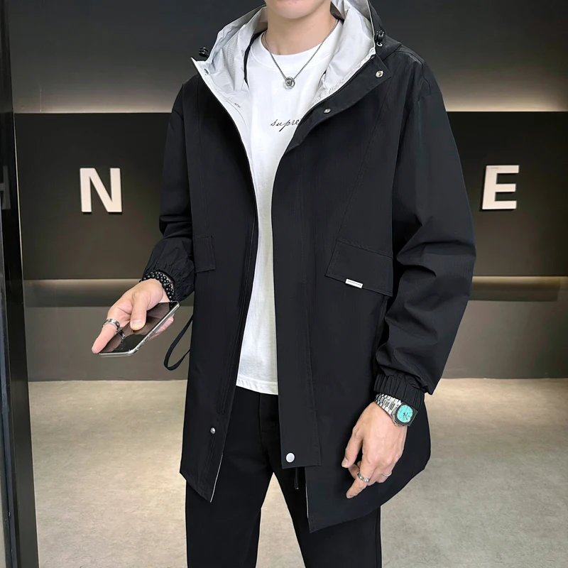 

Oversized L-9XL Mid-Length Windbreaker Jackets 2026 Spring Autumn Casual Solid Hooded Coats High Street Wear Tops Outer Garment