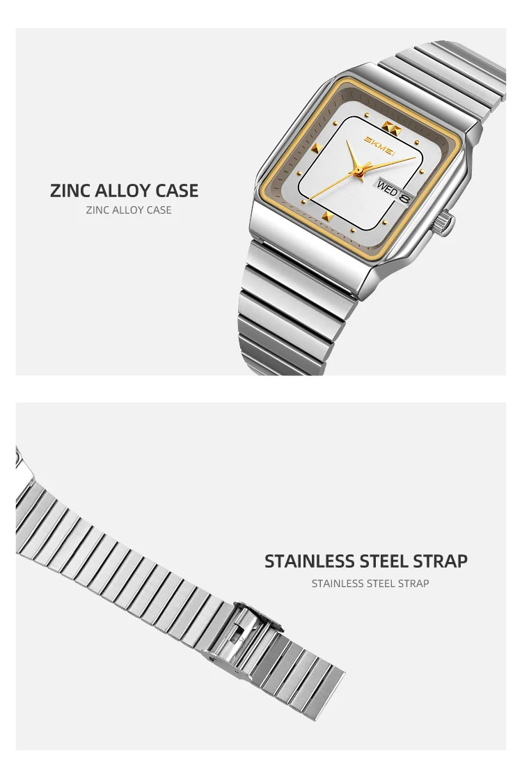 SKMEI 9414 Simple Square Dial Calendar Week Stainless Steel Strap Quartz Watch Men's Waterproof Business Mens Watch Reloj Hombre