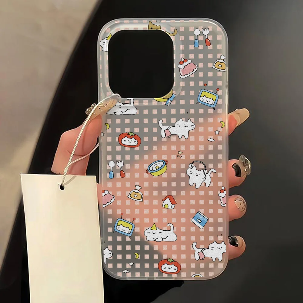 Grid Pattern Soft TPU Case For Samsung Galaxy S25 Ultra S24 FE S23 Case A56 A36 5G A17 A07 A16 A06 A55 A54 A26 Cartoon Cat Cover