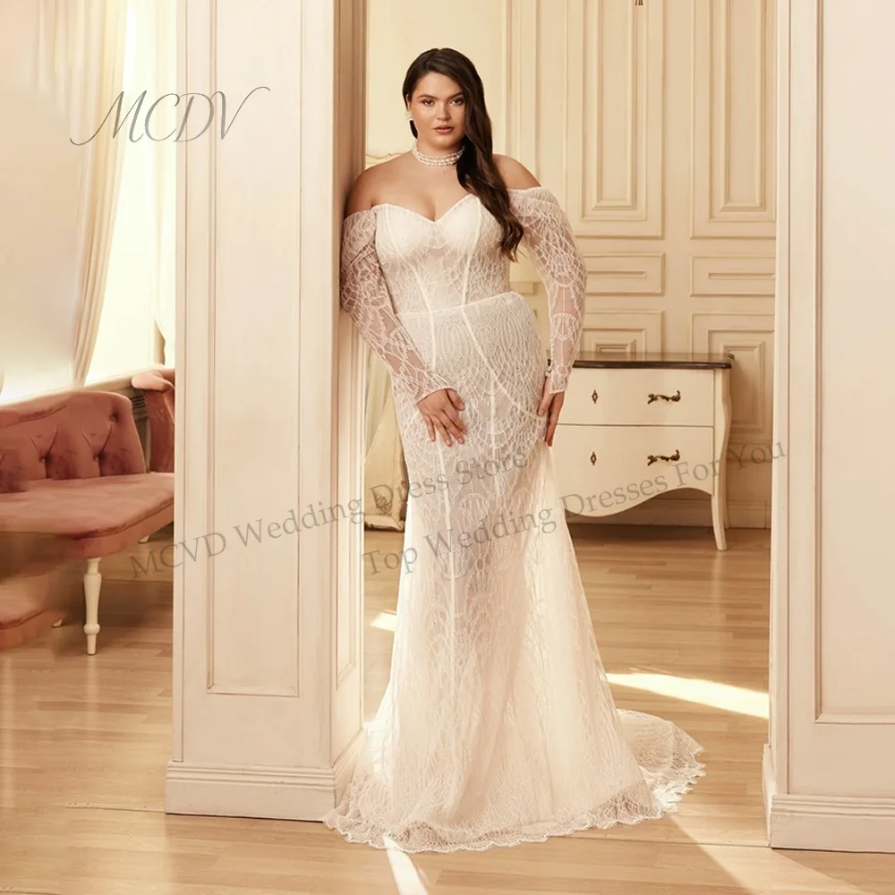 

Oversize Lace Wedding Dresses For Women Sweetheart Full Sleeve Mermaid vestidos de noivas Off Shoulder Sweep Train Customized