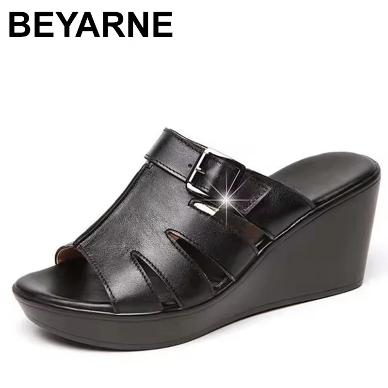 

Genuine Leather Women Slippers Female Fashion, Thick Bottom Summer Sandals Buckle, Decoration Real Leather Wedged Shoes
