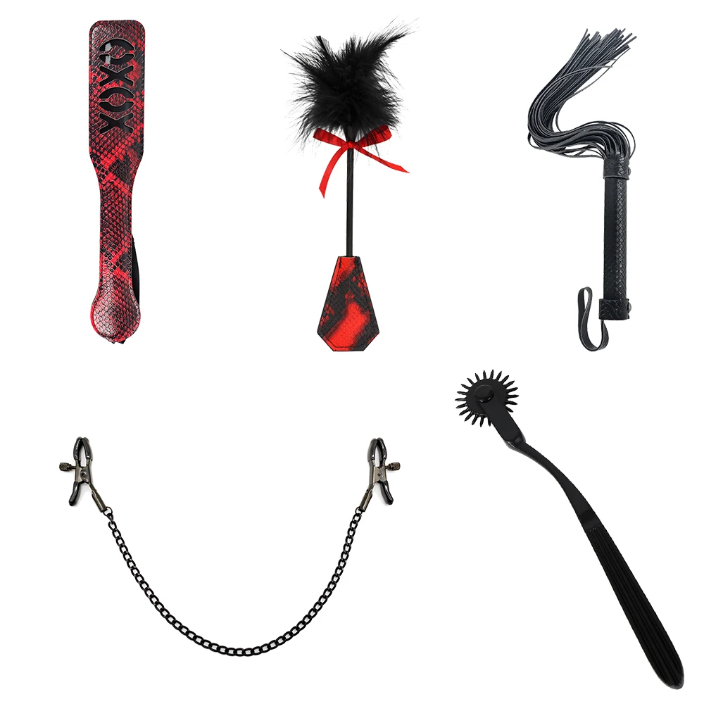 PU Leather Flirting Bondage BDSM Sex Toys, Snake Skin, Spanking Paddle, Whip, Feather Tickle, Metal Nipple Clips, Black Roller, 5 pcs