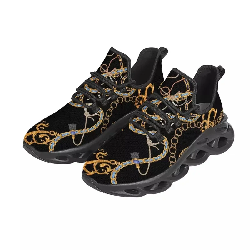 2022 Luxury Floral Women Black Shoes Lace Up Ladies Platform Sneakers Party Outdoor Couple Flat Golden Chain Dropship