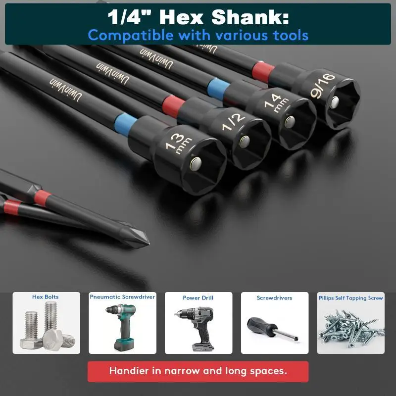 16PCS Magnetic Nut Driver Set, SAE & Metric Nut Driver Set with 6 inch Long Shank Nut Drivers for Impact Drills, 1/4" Hex Shank,