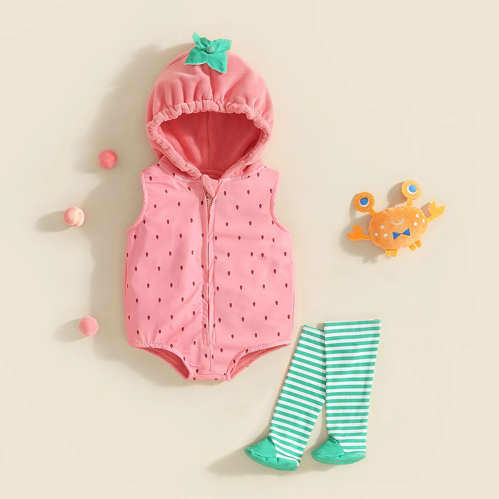 

Baby Girls Romper Sleeveless Hooded Strawberry Seed Print Infant Bodysuit with Striped Socks Cosplay Halloween Clothes Costume