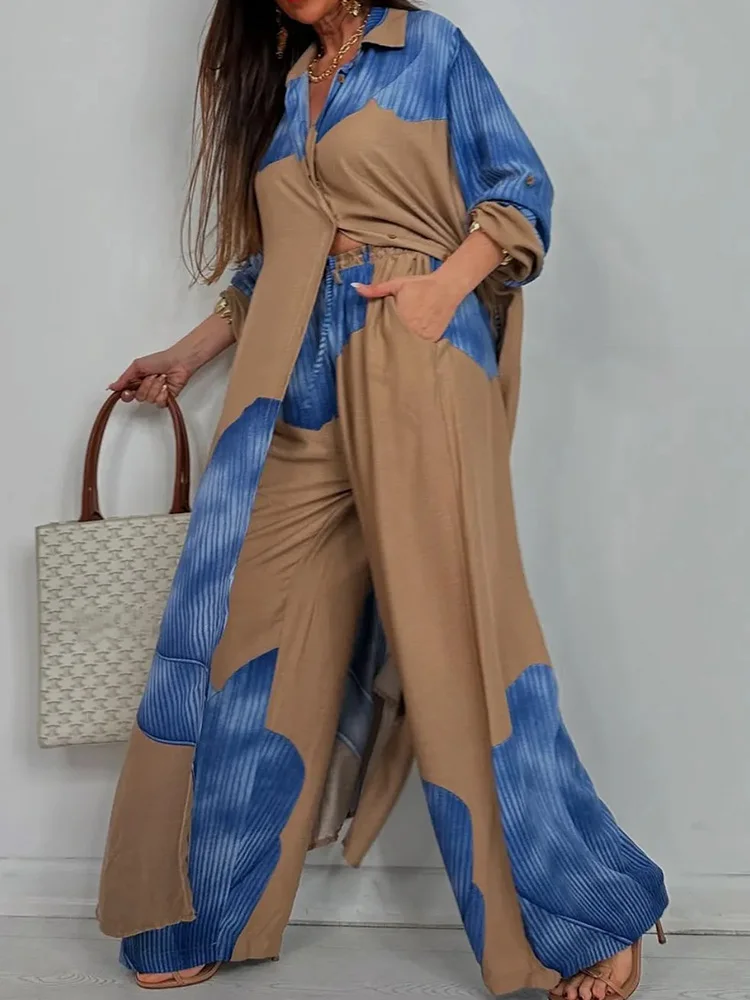 

Spring Summer Turn-Down Collar Print 2PCS Set, Women Long Sleeve Wide Leg Pants Chic Outfit, Patchwork Cardigan Top Ladies Suits