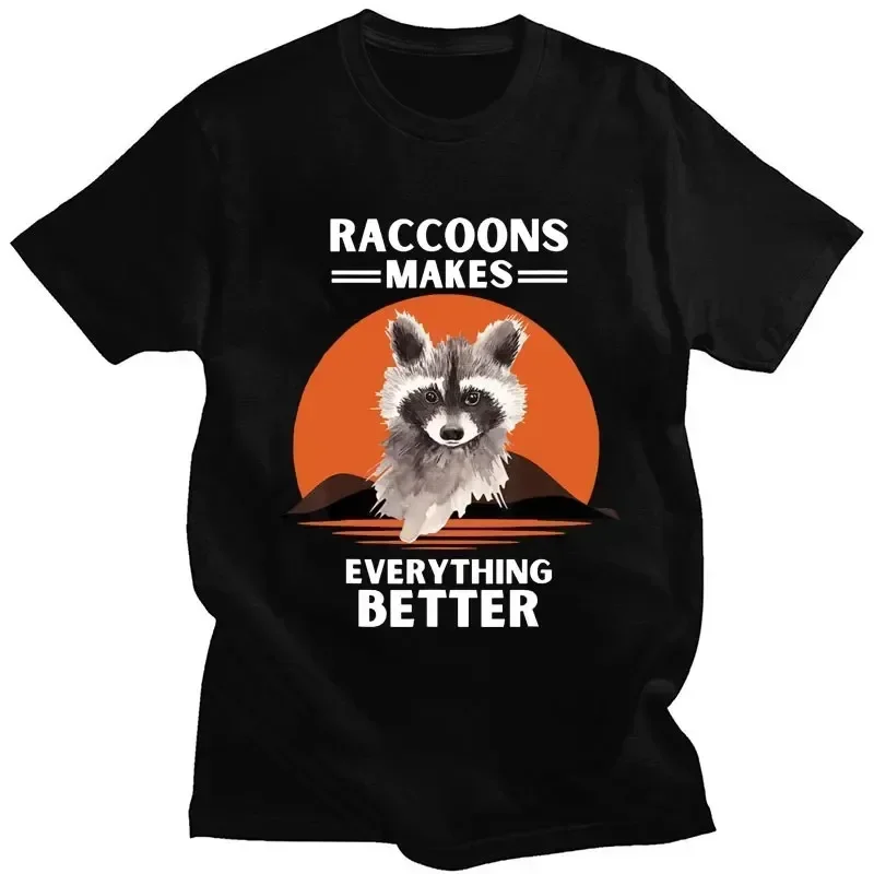 Bear Raccoon Black T Shirt Harajuku Retro High Quality Pure Cotton Short Sleeve Oversized O-neck Men Women Tees Streetwear Top