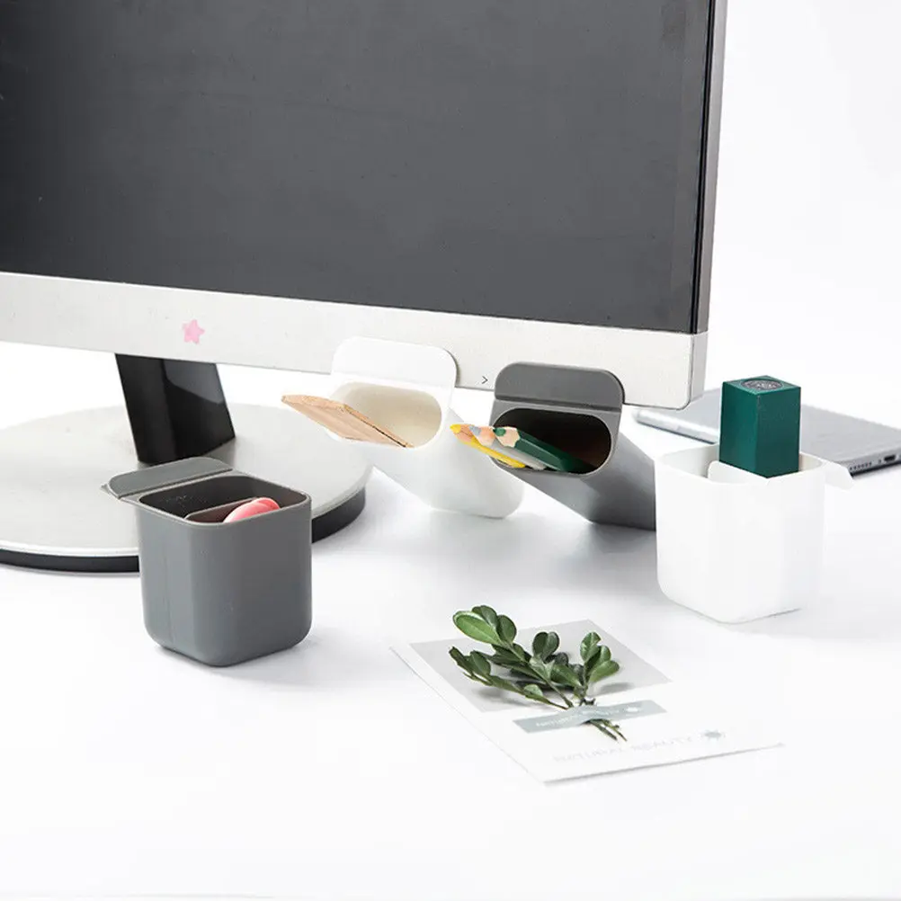 Self Adhesive Desktop Pen Holder for Monitor Mounting Space Saving PP Pencil Holder Under Screen Desktop Organizer Desk Storage