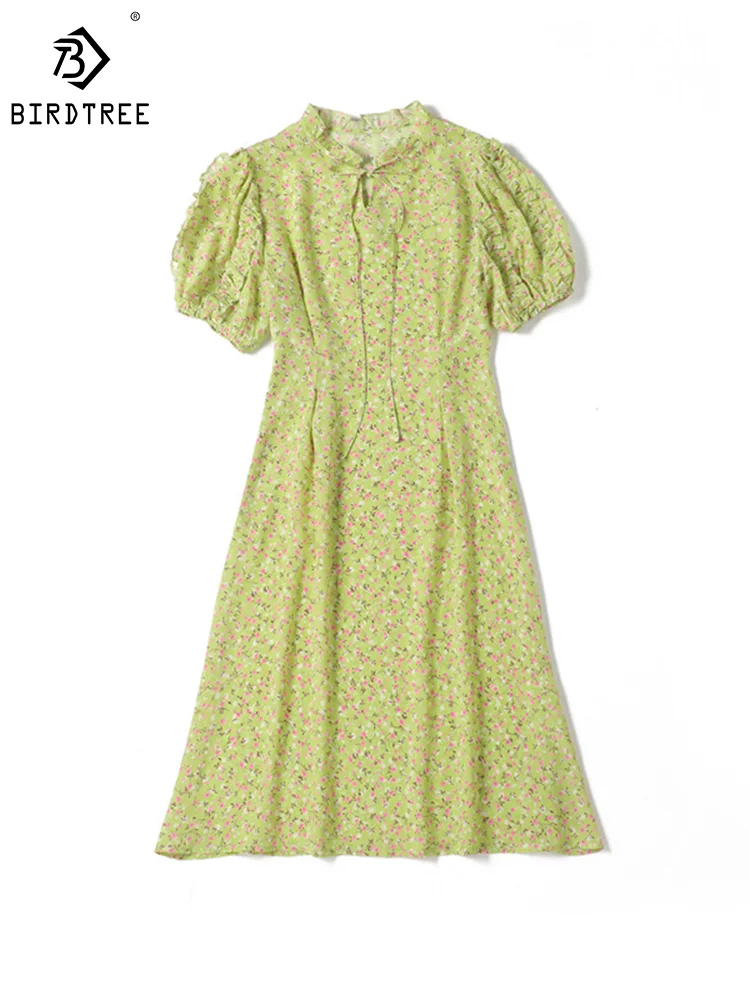 BirdTree-Vraies robes pour femmes, robe à fleurs à manches courtes et col en V, robe de défenseur de la mode élégante, nouvelle collection printemps été 100%, D41852QM