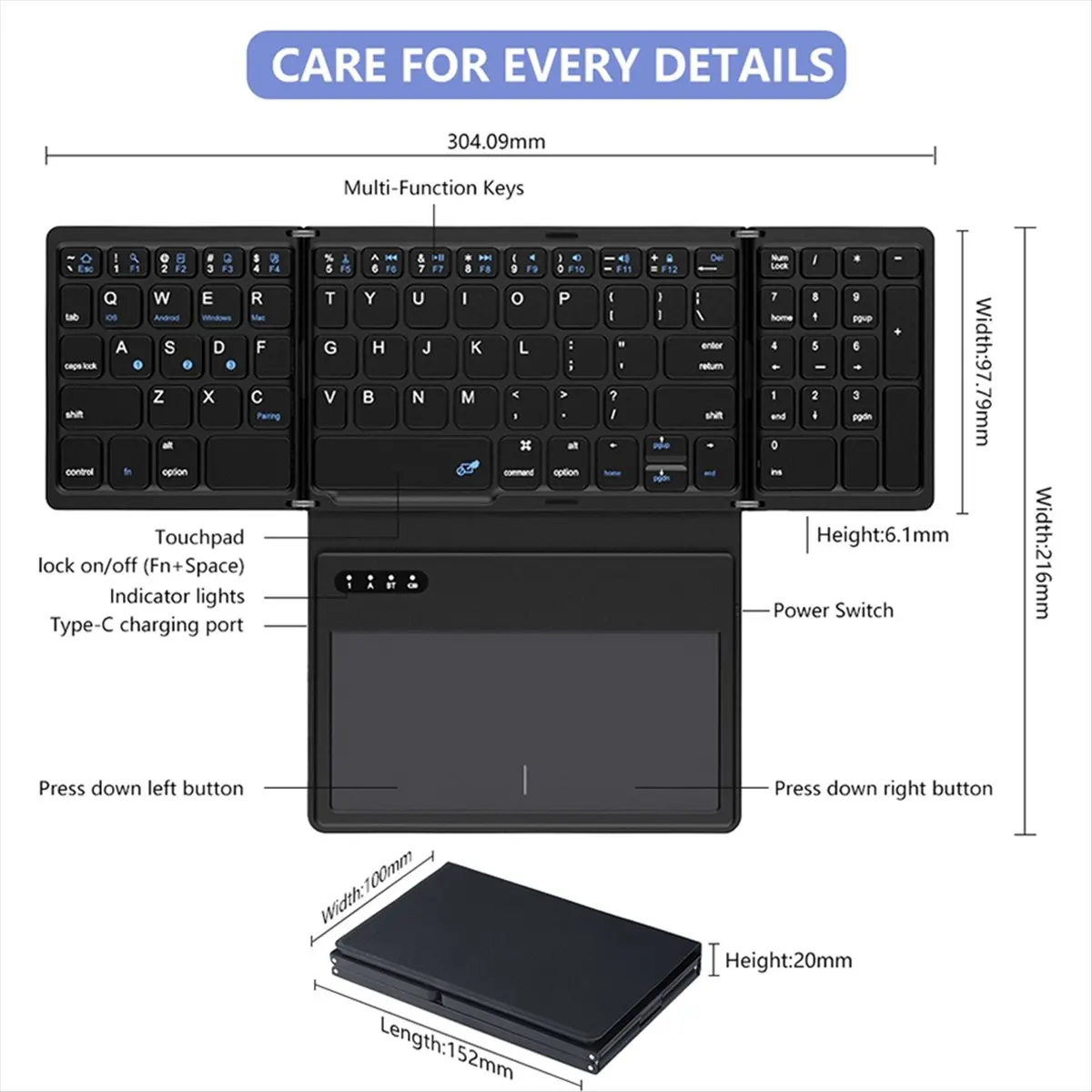 A10I Foldable Bluetooth Keyboard with Touchpad Pocket Folding Keyboard for Laptop Tablet Wireless Rechargeable Keyboard