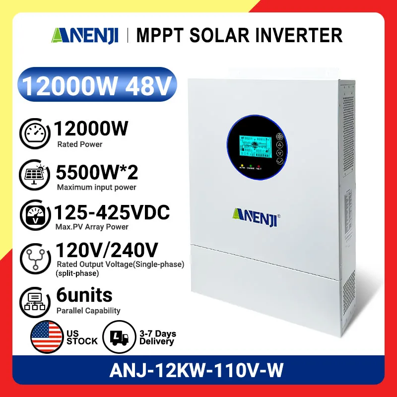ANENJI 120/240V 12KW hybrid solar inverter 48/51.2V photovoltaic split inverter, built-in 200A US solar inverter   Three or more units can form a three-phase system