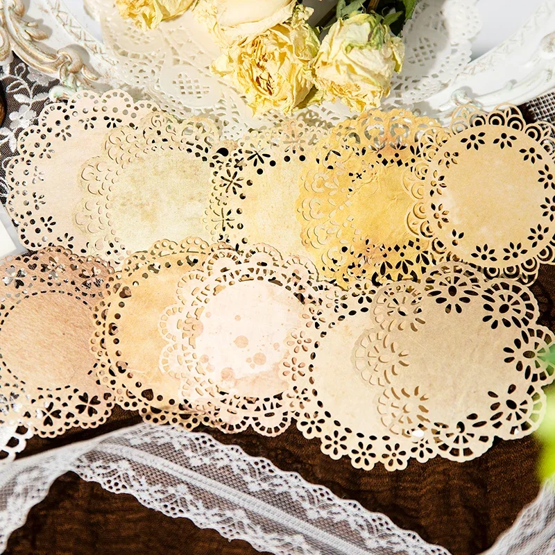 

10Pcs Lace Hollow Material Paper Curry coffee Round Collag Memo Decoration Notebooks Writing Pads Scrapbook Background 130*90MM