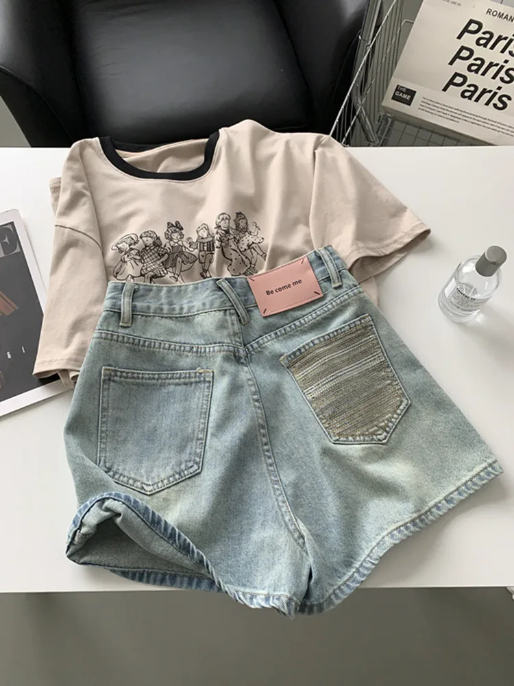 

High Waist A-Line Denim Shorts Women's Spring Summer Loose Slimming Wide Leg Hot Pants High Waist Washed Casual Shorts