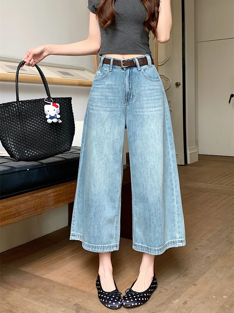 

High Waist Loose Fit Blue Washed Casual Style Women's Jeans Summer Versatile Wide Leg Pants High Waist Loose Blue Denim Skinnies